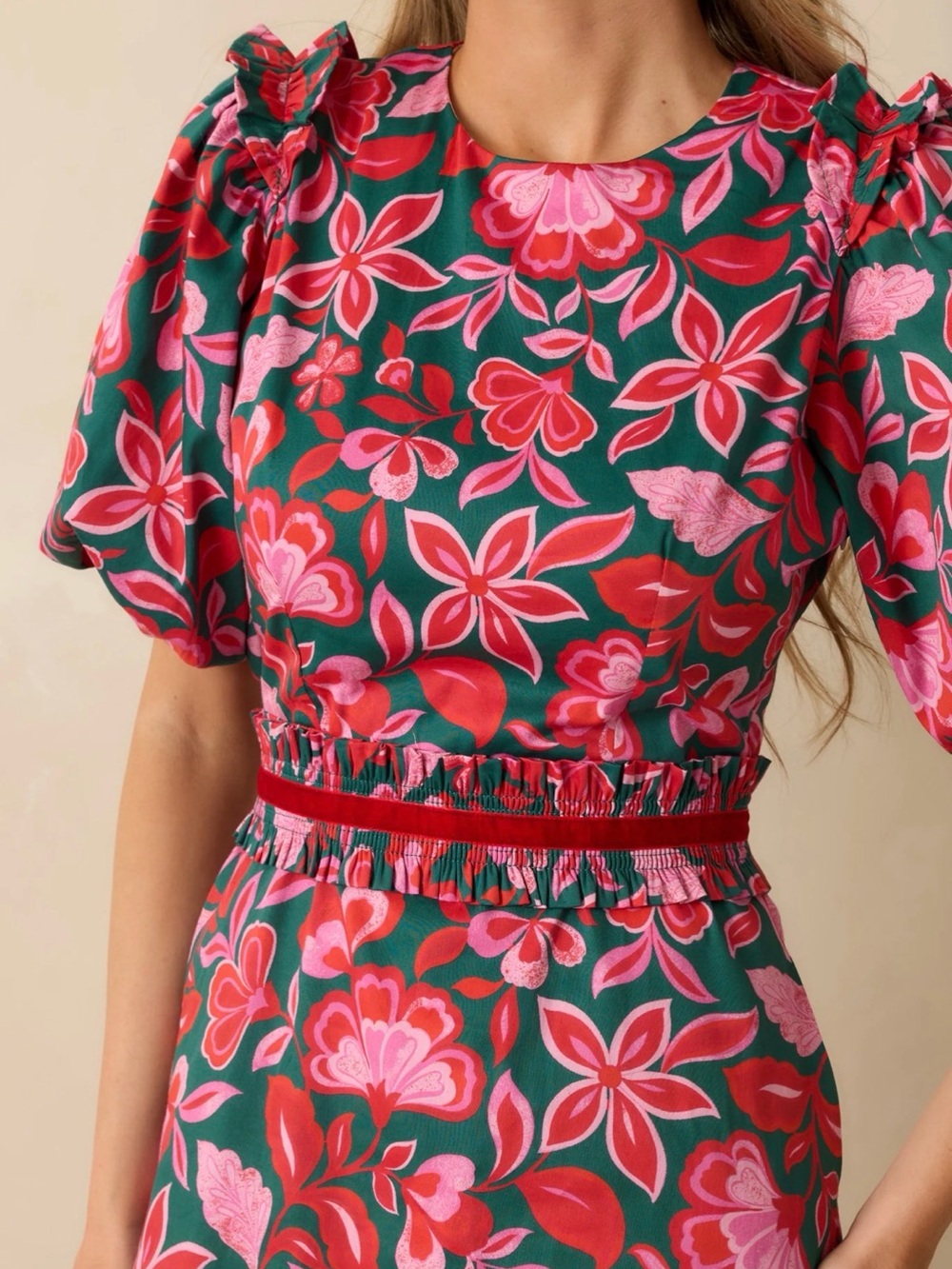Prosperina Gold Label Dress with Puff Sleeves - Pink & Green Size XS - Picture 2 of 6